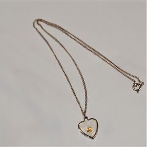 Vintage Delicate Lucite Heart With Gold Flake Pendant Necklace Silver Tone Chain